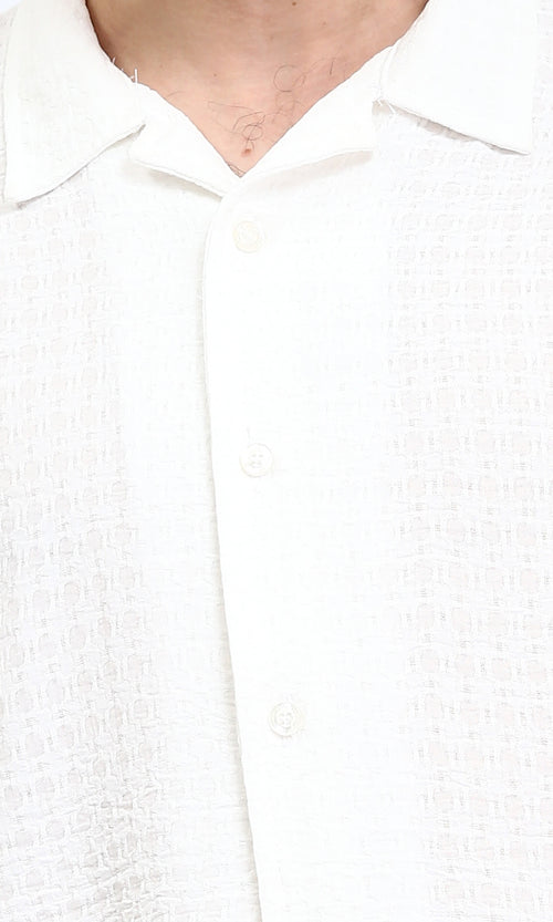 R210826 - Self Pattern Short Sleeves Summer Shirt - White
