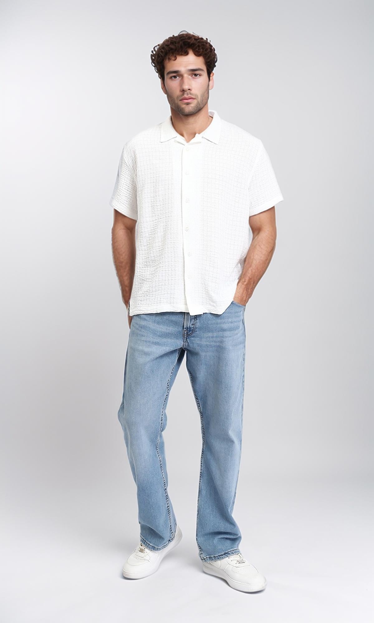R210826 - Self Pattern Short Sleeves Summer Shirt - White