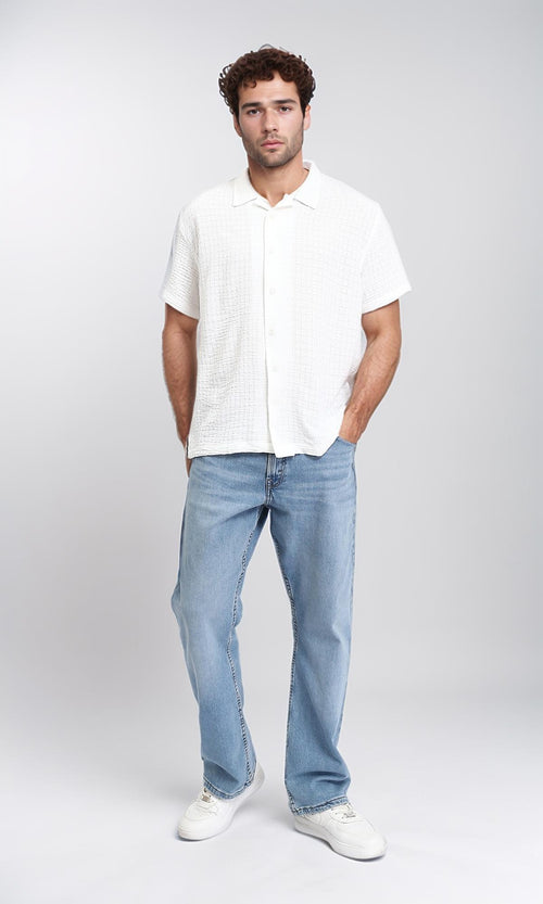 R210826 - Self Pattern Short Sleeves Summer Shirt - White