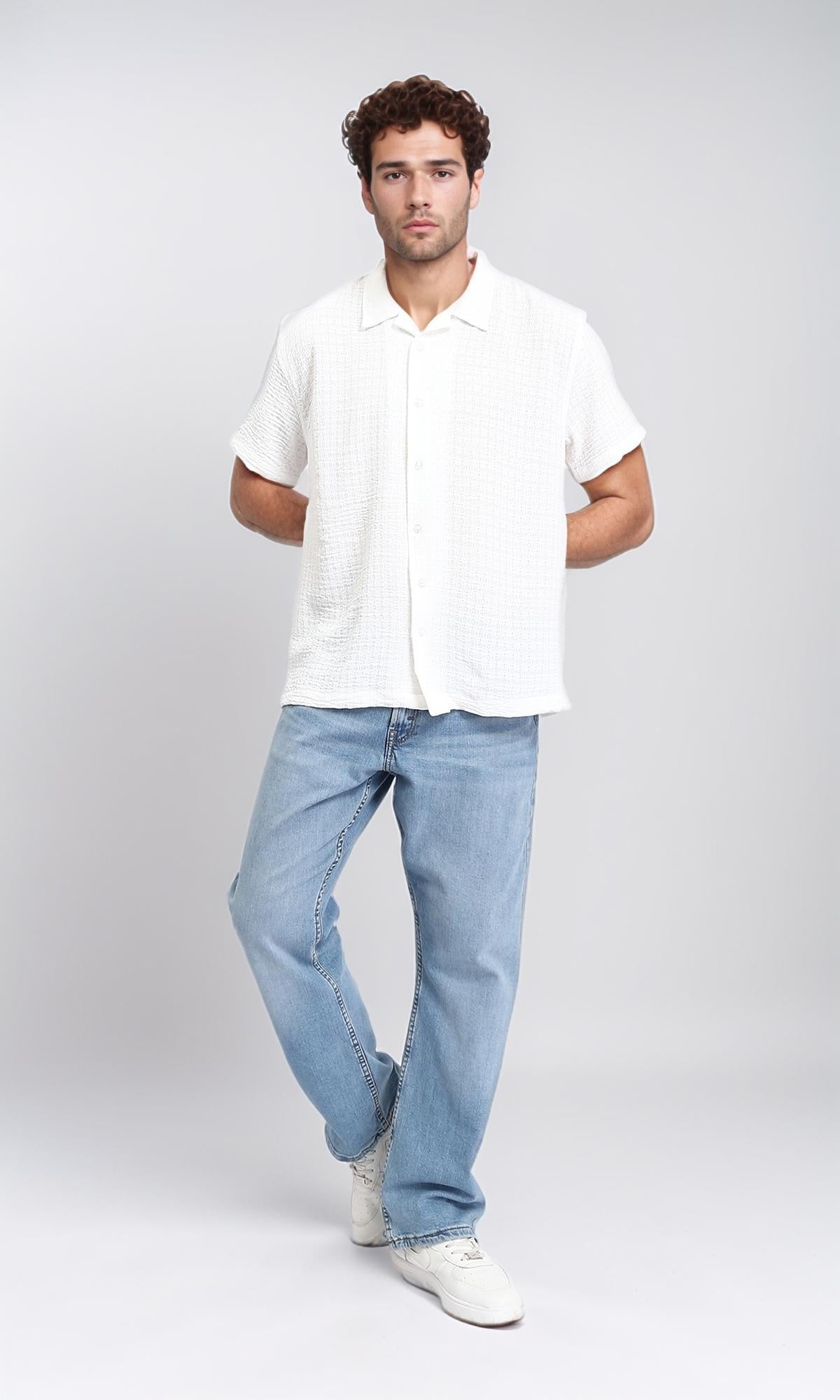 R210826 - Self Pattern Short Sleeves Summer Shirt - White