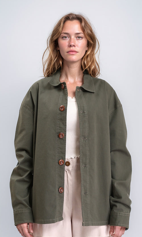 R210923 - Buttons Down Long Sleeves Solid Jacket - Dark Khaki