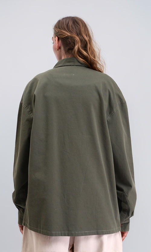 R210923 - Buttons Down Long Sleeves Solid Jacket - Dark Khaki