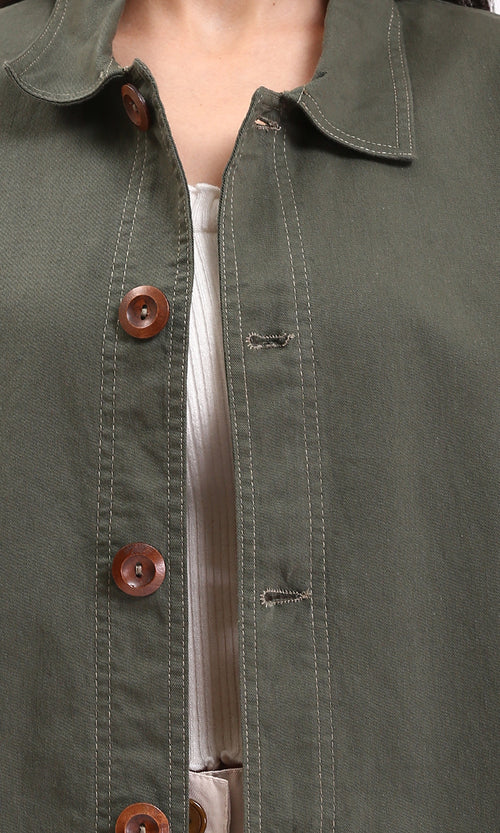 R210923 - Buttons Down Long Sleeves Solid Jacket - Dark Khaki