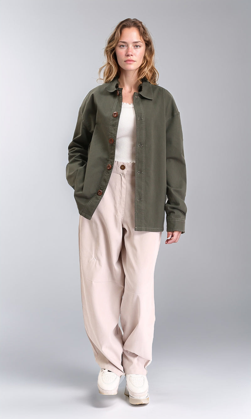 R210923 - Buttons Down Long Sleeves Solid Jacket - Dark Khaki