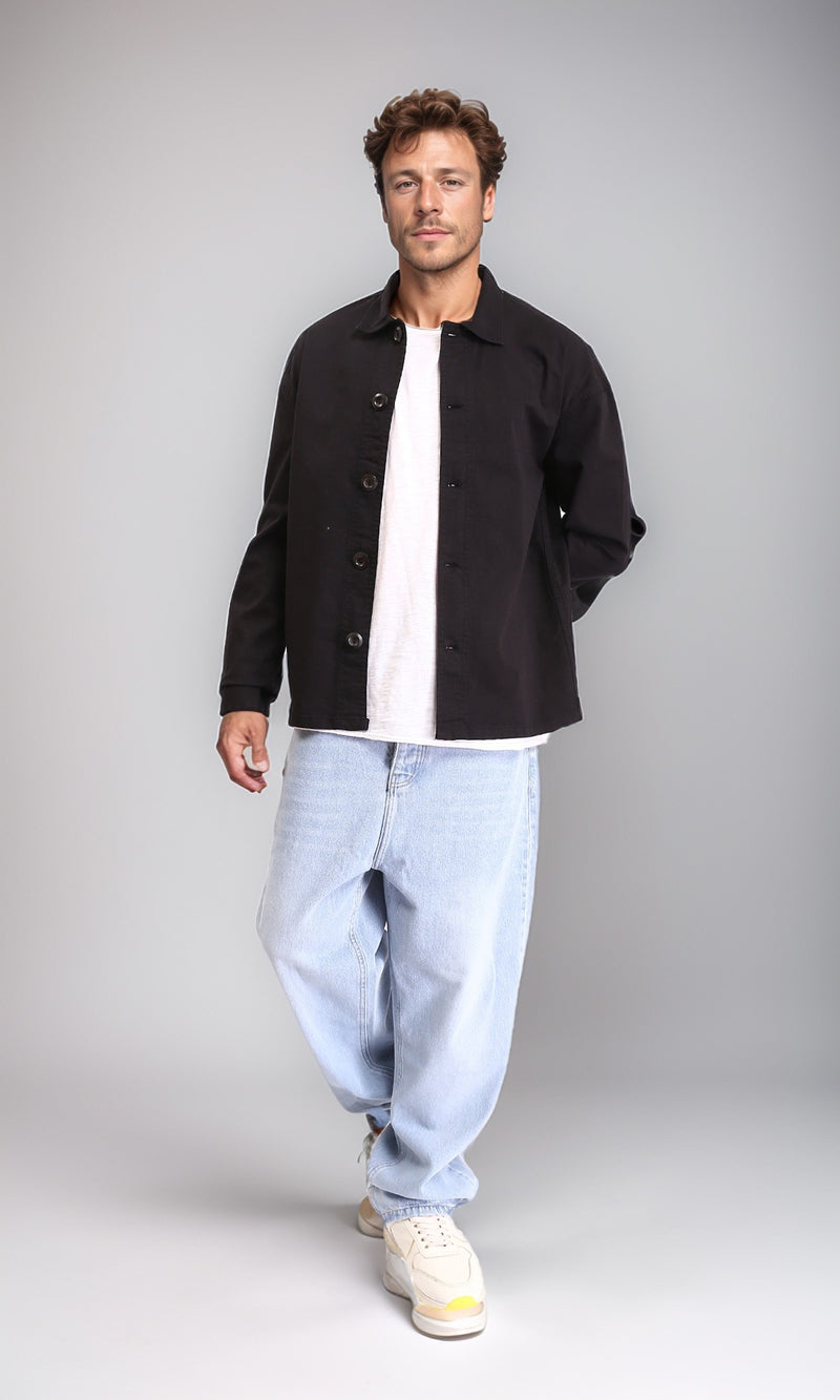 R210924 - Buttons Down Long Sleeves Solid Jacket - Black