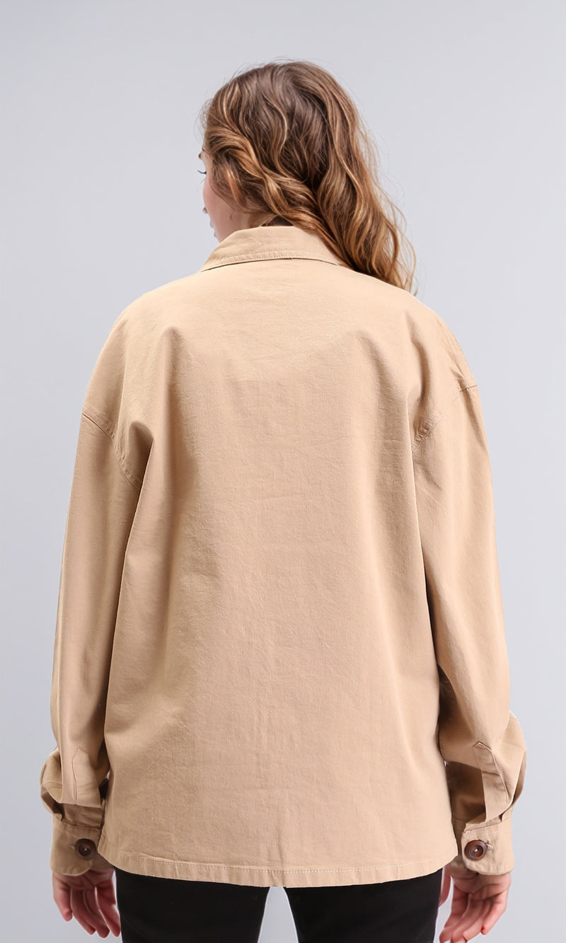 R210925 - Buttons Down Long Sleeves Solid Jacket - Dark Beige