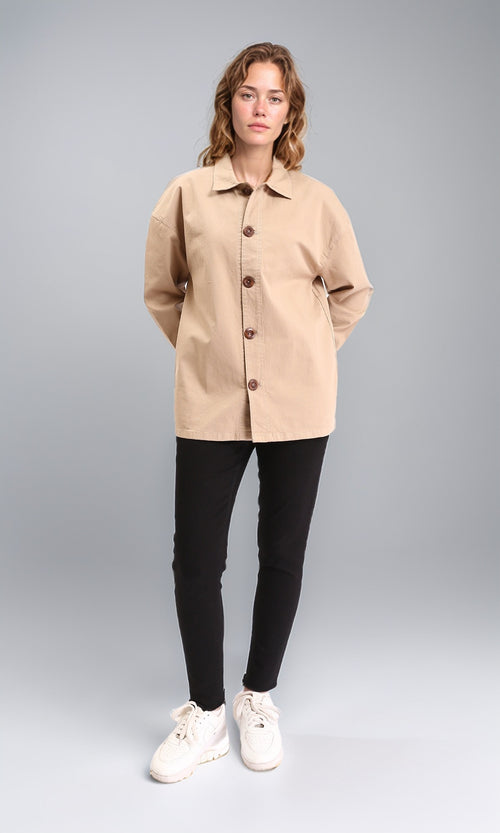 R210925 - Buttons Down Long Sleeves Solid Jacket - Dark Beige