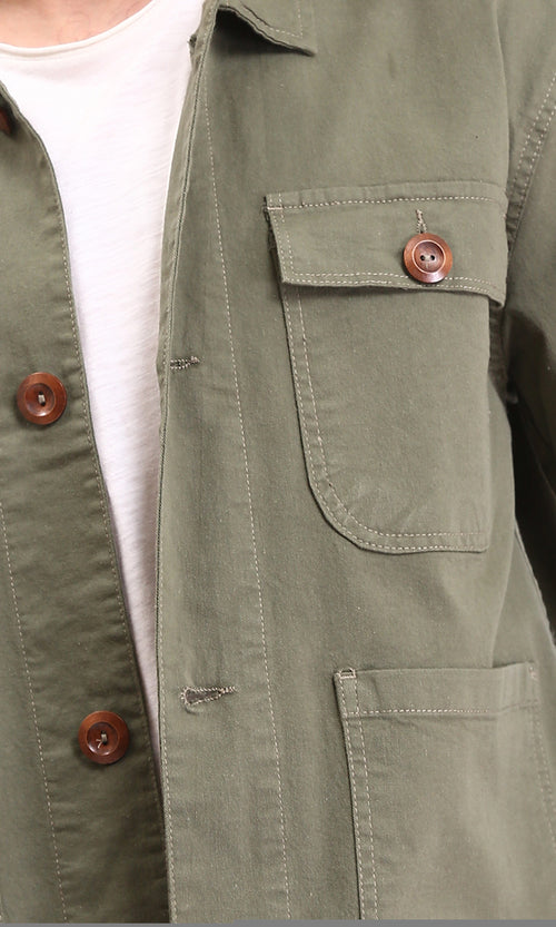 R210926 - Solid Casual Jacket with Multi-Pockets - Dark Olive