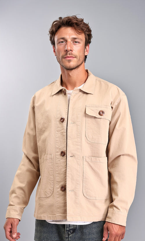 R210928 - Solid Casual Jacket with Multi-Pockets - Dark Beige