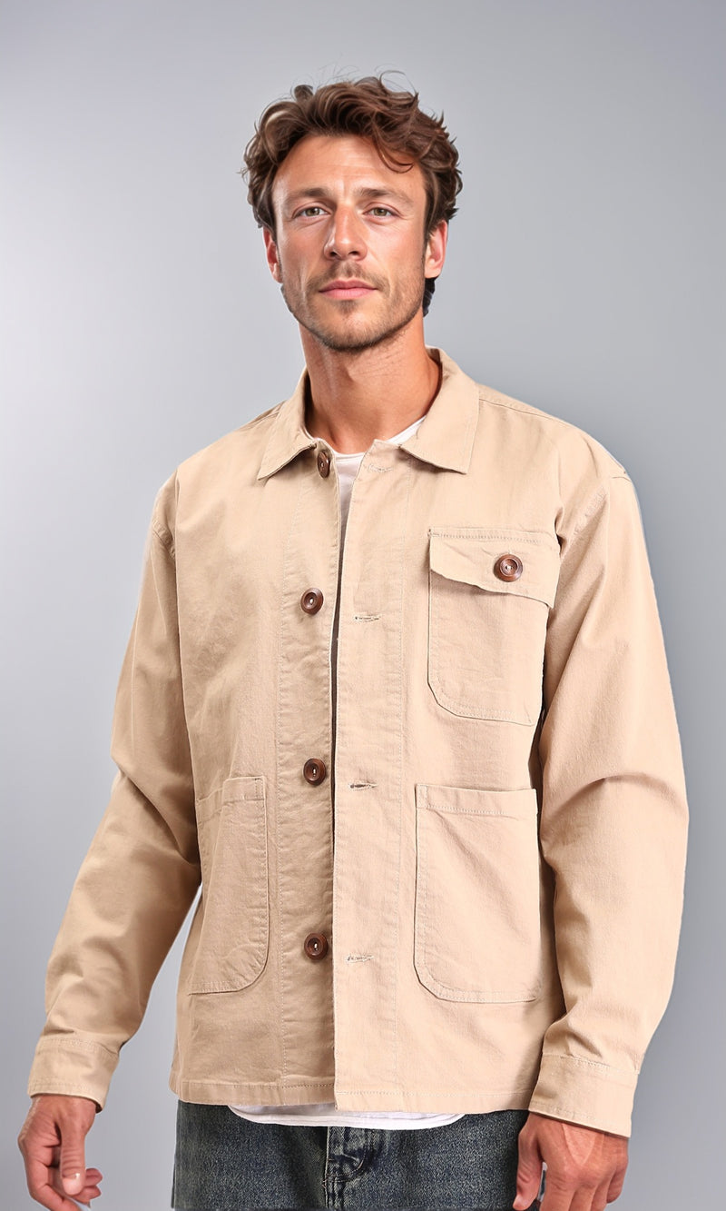 R210928 - Solid Casual Jacket with Multi-Pockets - Dark Beige