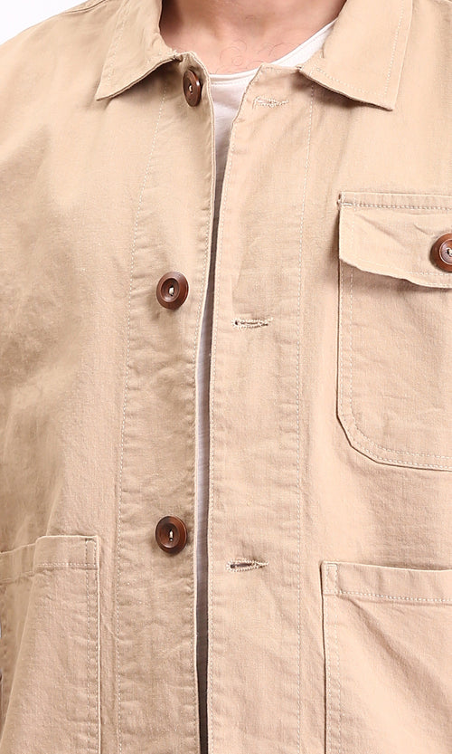 R210928 - Solid Casual Jacket with Multi-Pockets - Dark Beige