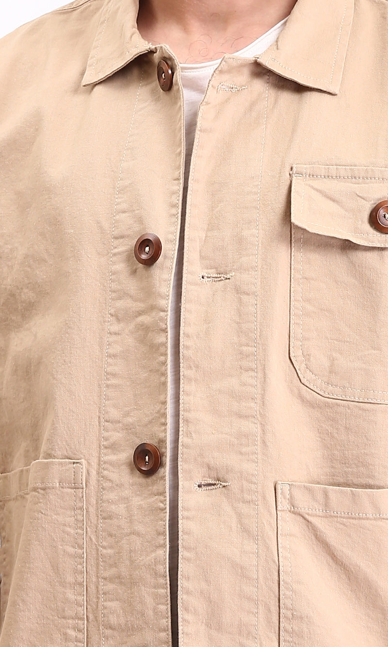 R210928 - Solid Casual Jacket with Multi-Pockets - Dark Beige