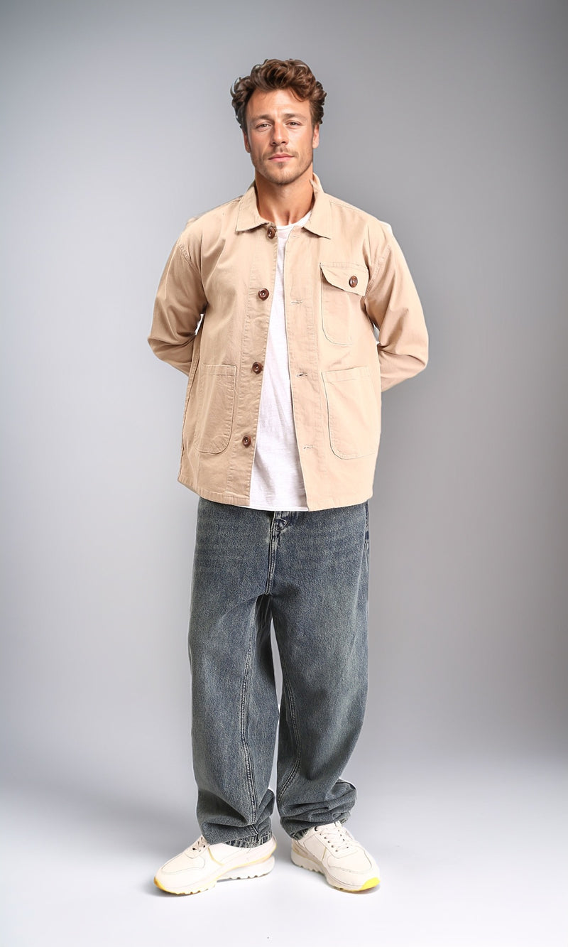 R210928 - Solid Casual Jacket with Multi-Pockets - Dark Beige