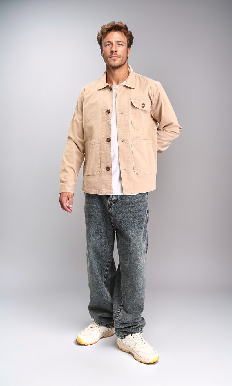 R210928 - Solid Casual Jacket with Multi-Pockets - Dark Beige