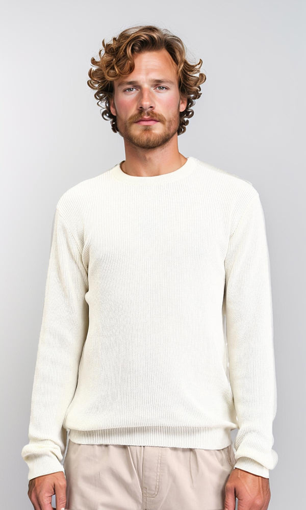 R210929 - Ribbed Round Neck Slip On Pullover - Off-White