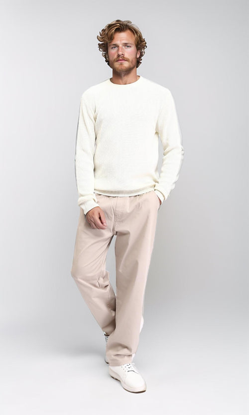 R210929 - Ribbed Round Neck Slip On Pullover - Off-White