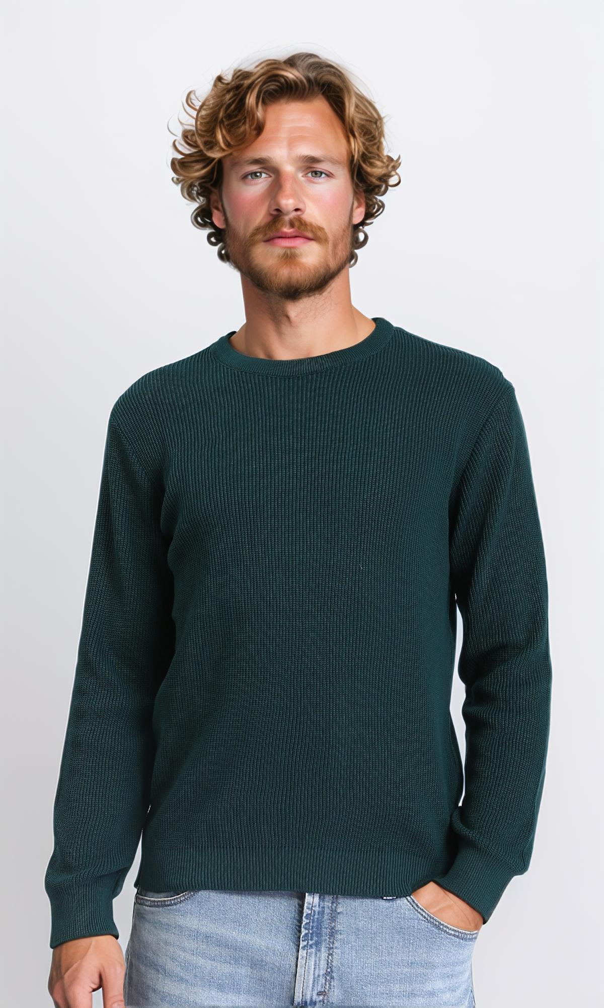 Ribbed Round Neck Slip On Pullover - Forest Green