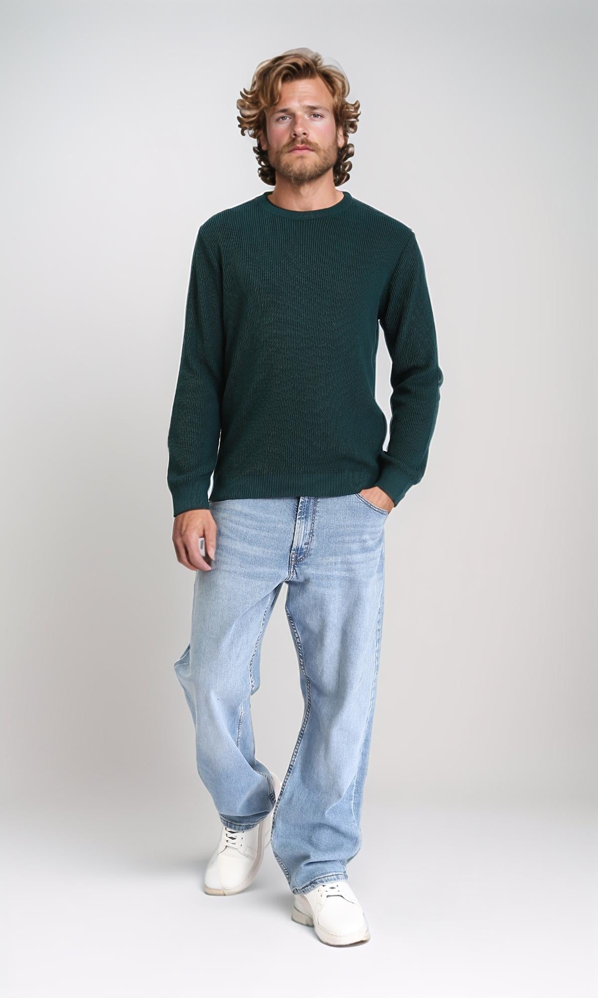R210930 - Ribbed Round Neck Slip On Pullover - Forest Green