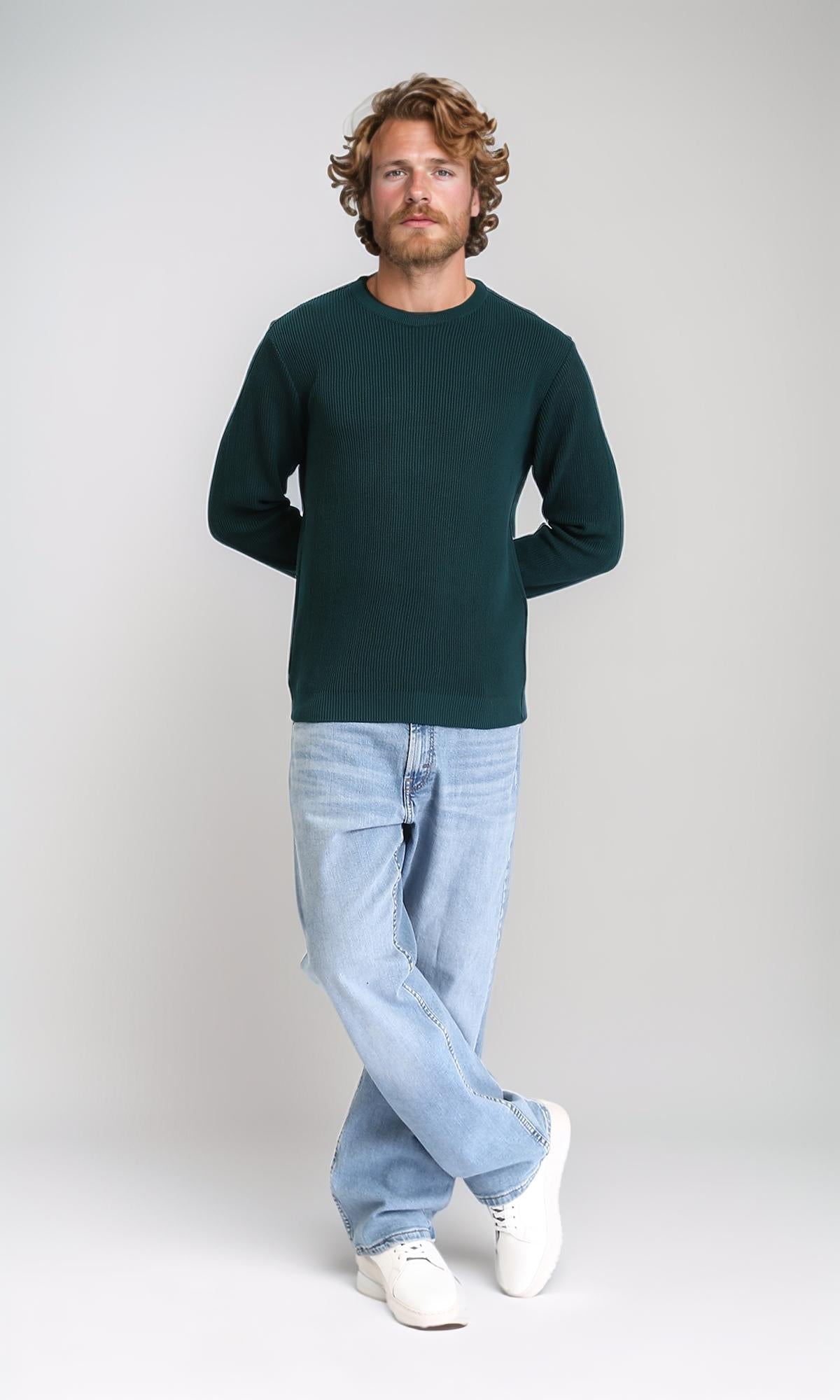R210930 - Ribbed Round Neck Slip On Pullover - Forest Green