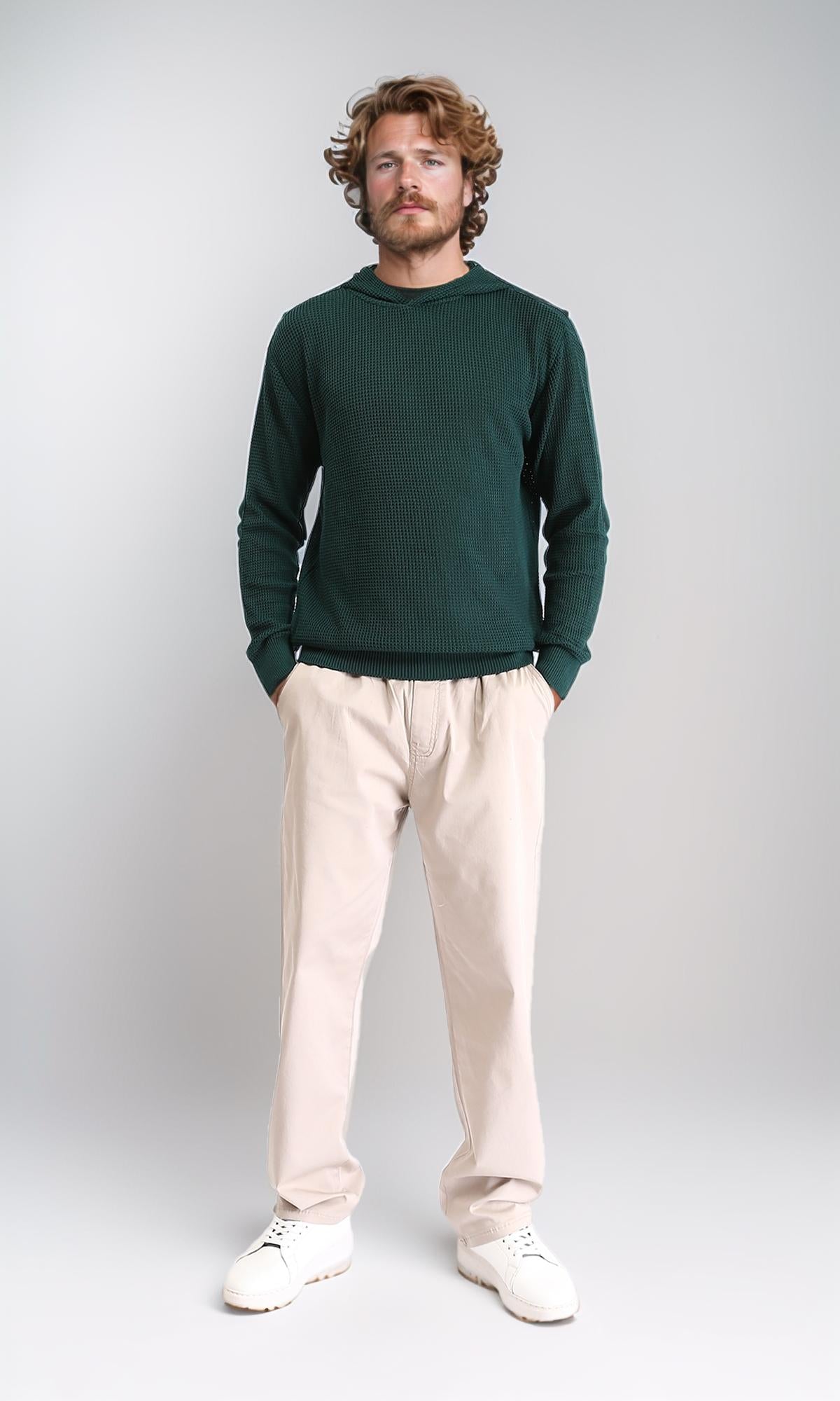 R210932 - Long Sleeves Winter Knitted Hoodie - Forest Green