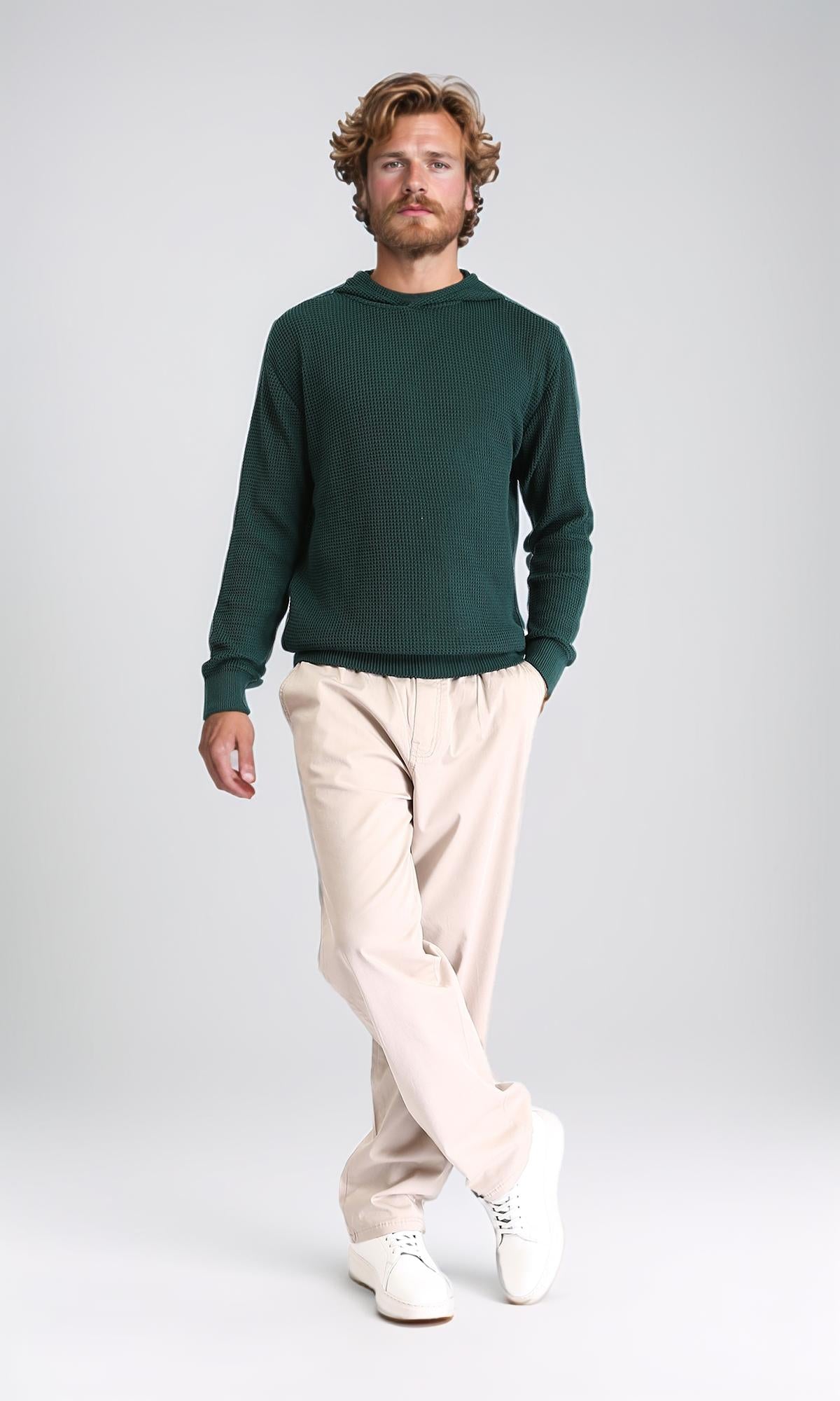 R210932 - Long Sleeves Winter Knitted Hoodie - Forest Green
