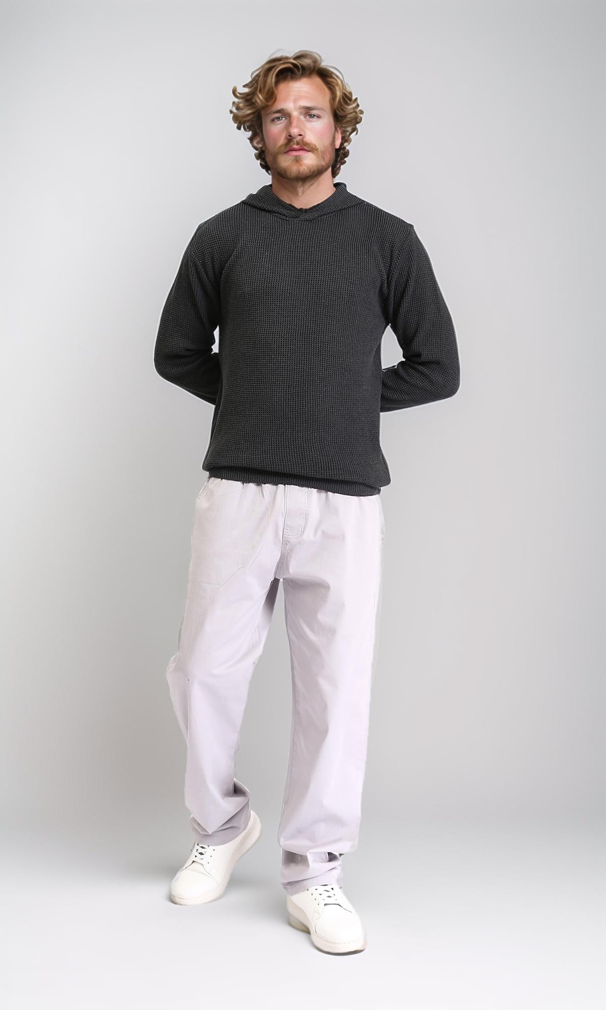 R210933 - Long Sleeves Winter Knitted Hoodie - Charcoal Grey
