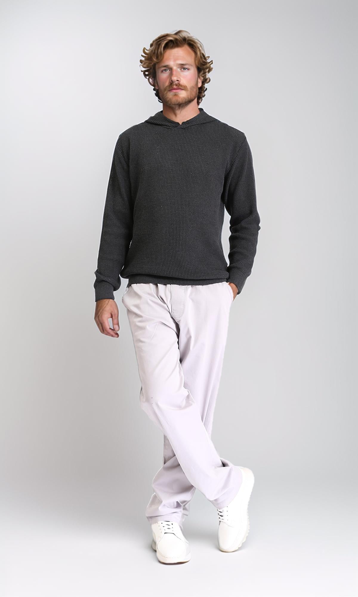 R210933 - Long Sleeves Winter Knitted Hoodie - Charcoal Grey