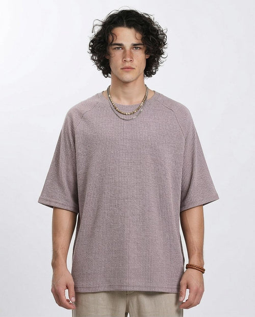 Men's Oversized Mauve Waffle-Knit Raglan Tee - Dark Coffee