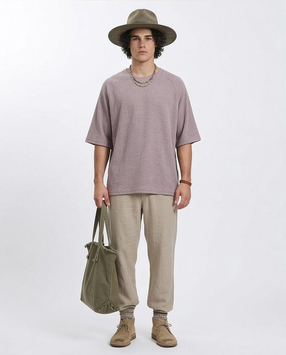 Ravin | Men's Oversized Mauve Waffle-Knit Raglan Tee - Dark Coffee - R210937