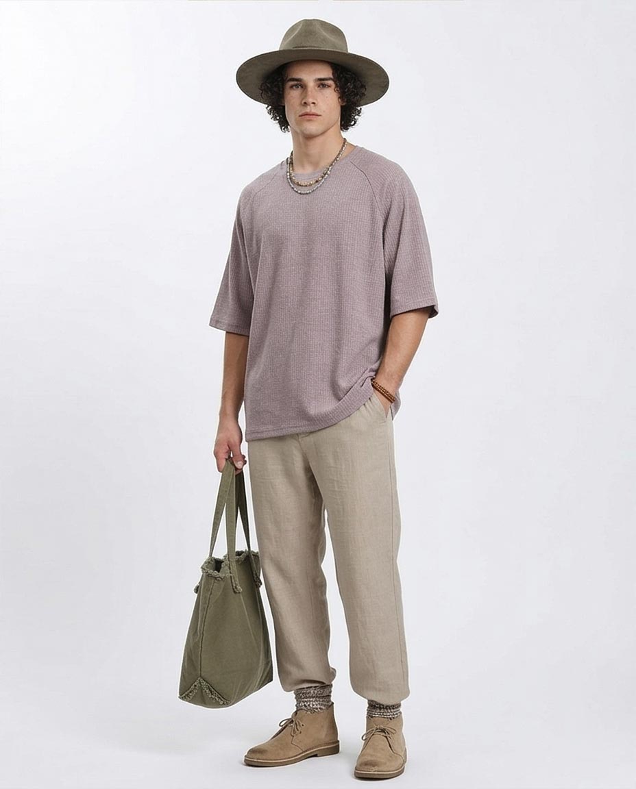 Ravin | Men's Oversized Mauve Waffle-Knit Raglan Tee - Dark Coffee - R210937