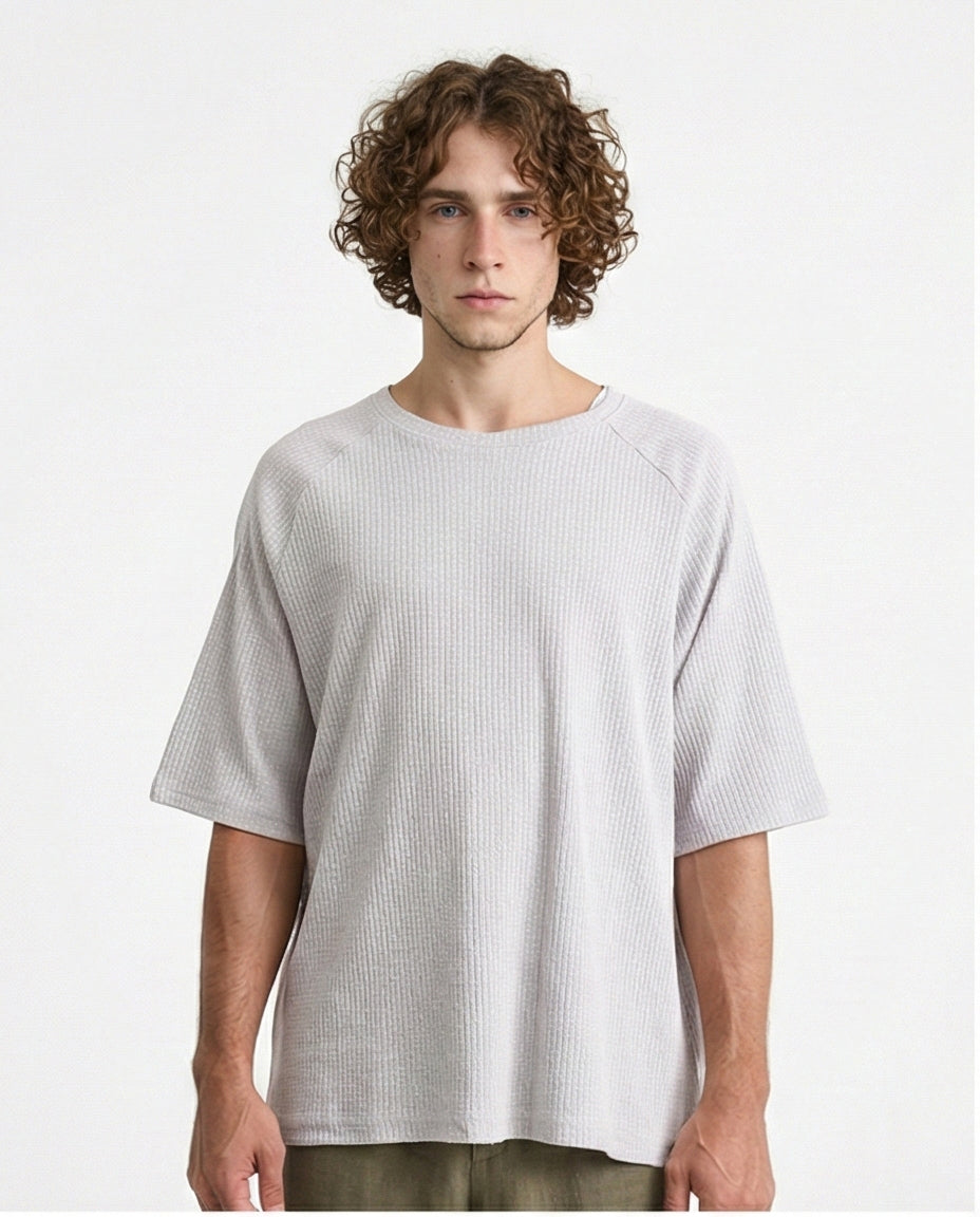 Crew Neck Self Pattern Tee - Light Grey