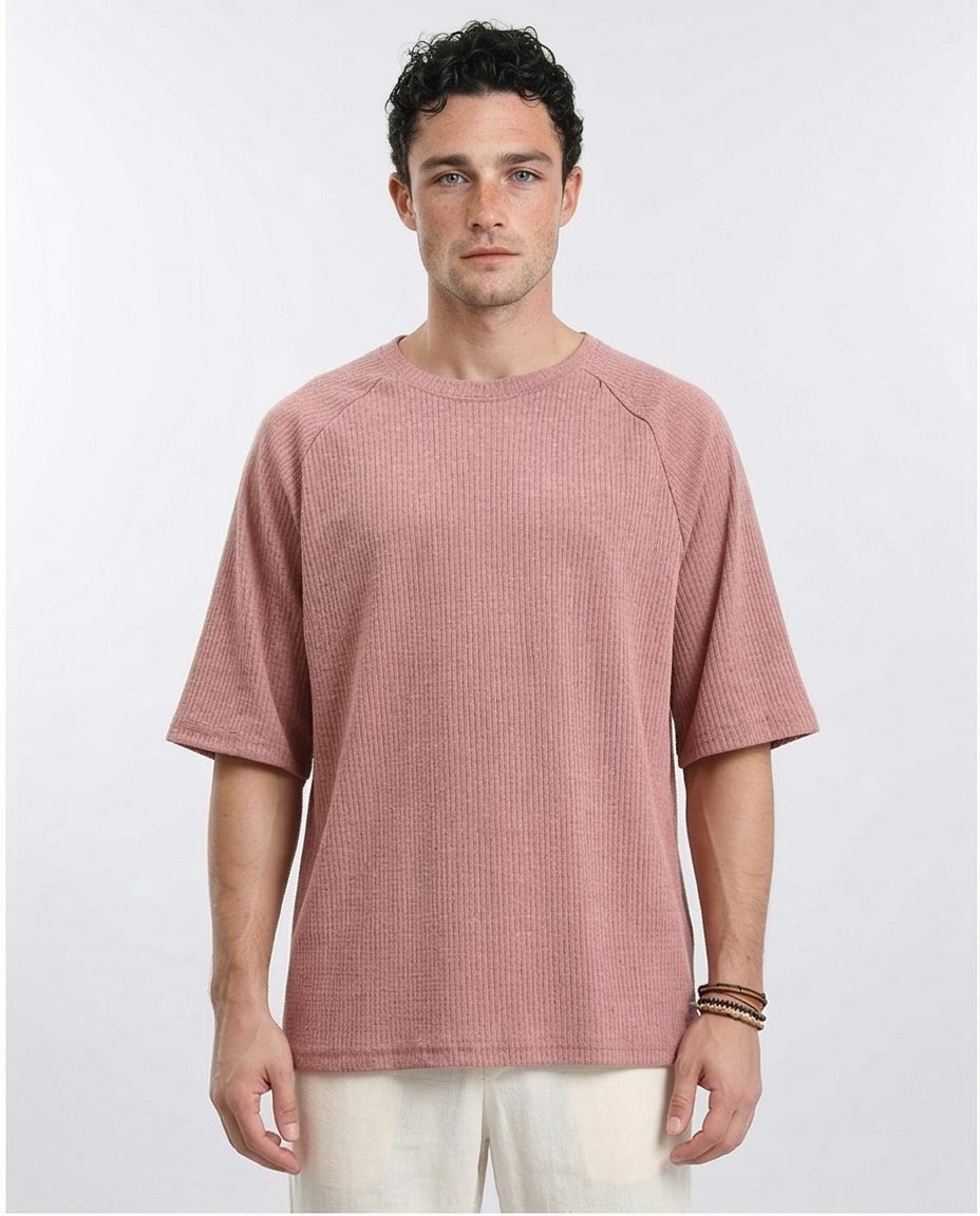 Men's Mauve Ribbed Raglan Oversized T-Shirt - Dusty Rose