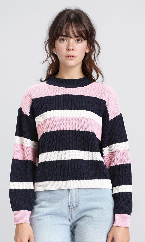 R210942 - Tri-Tone Striped Knitted Pullover - Pink, Navy Blue & White