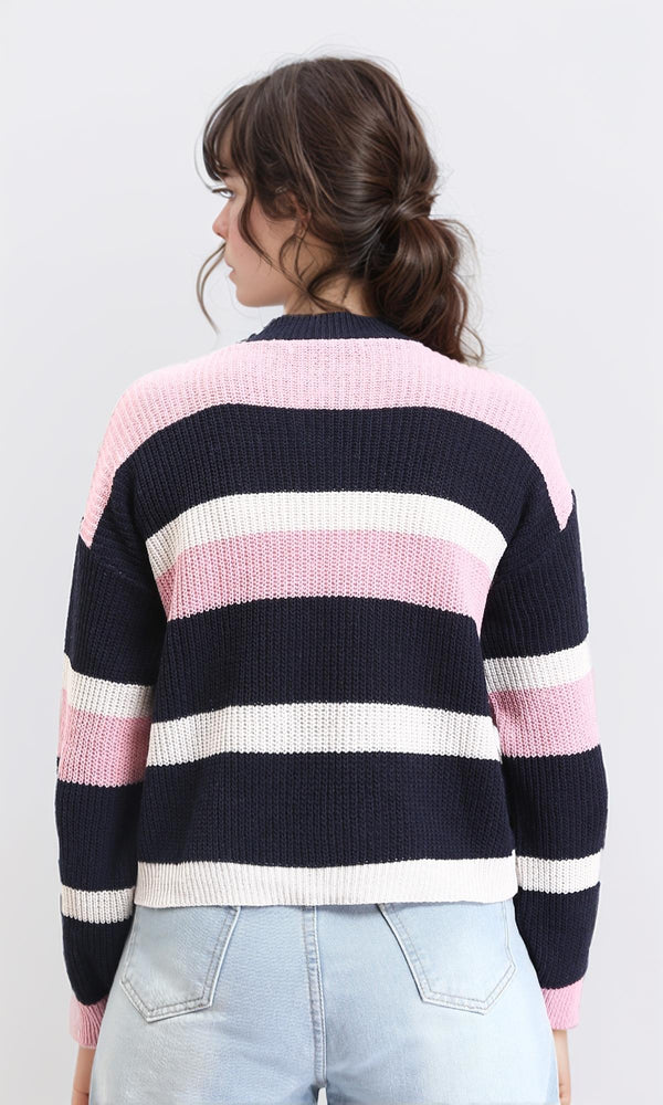 R210942 - Tri-Tone Striped Knitted Pullover - Pink, Navy Blue & White