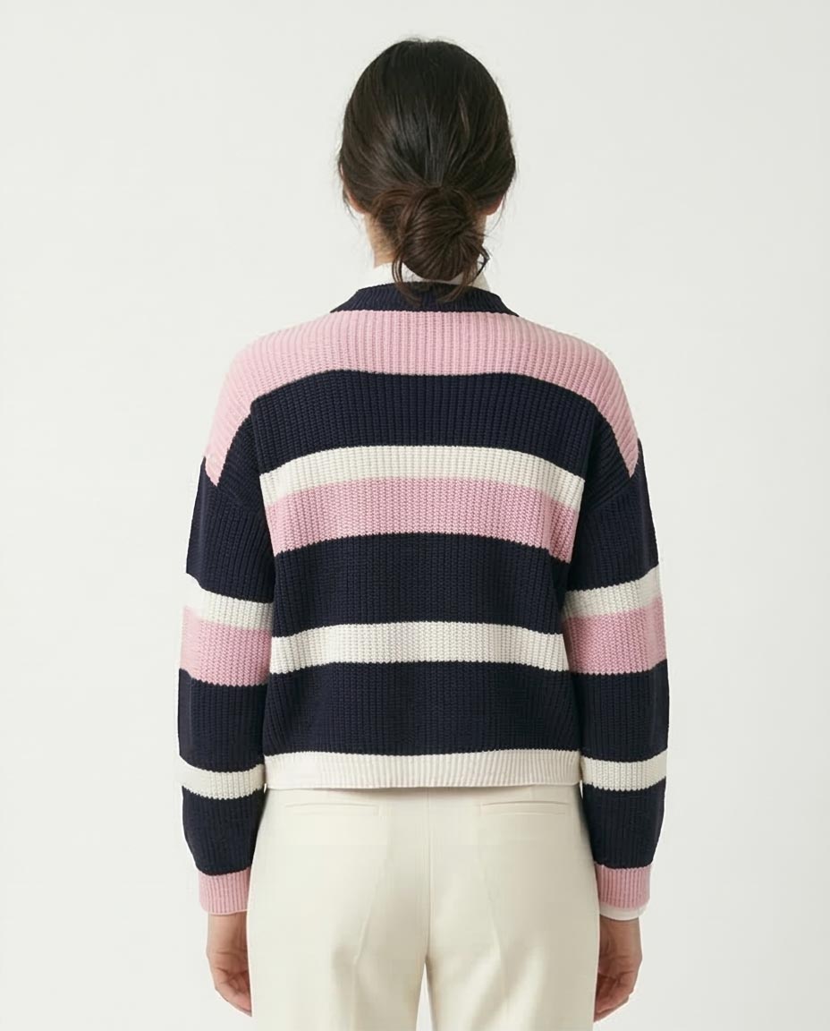 Ravin Women’s Multi-Color Striped Ribbed Mock-Neck Sweater -Pink, Navy Blue & White - R210942
