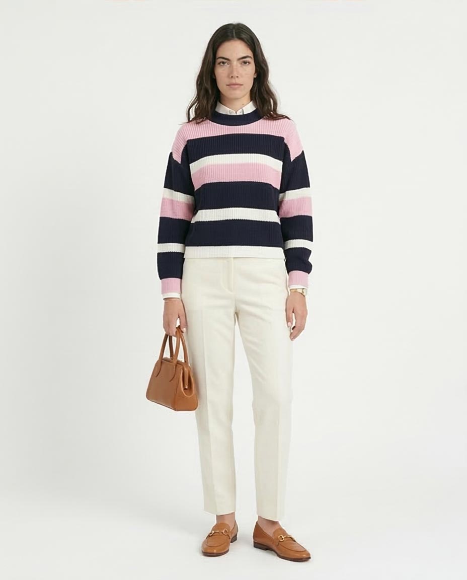 Ravin Women’s Multi-Color Striped Ribbed Mock-Neck Sweater -Pink, Navy Blue & White - R210942
