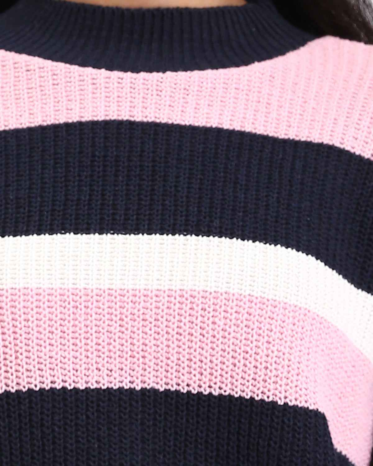 Ravin Women’s Multi-Color Striped Ribbed Mock-Neck Sweater -Pink, Navy Blue & White - R210942