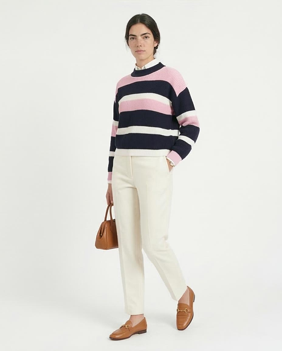 Ravin Women’s Multi-Color Striped Ribbed Mock-Neck Sweater -Pink, Navy Blue & White - R210942