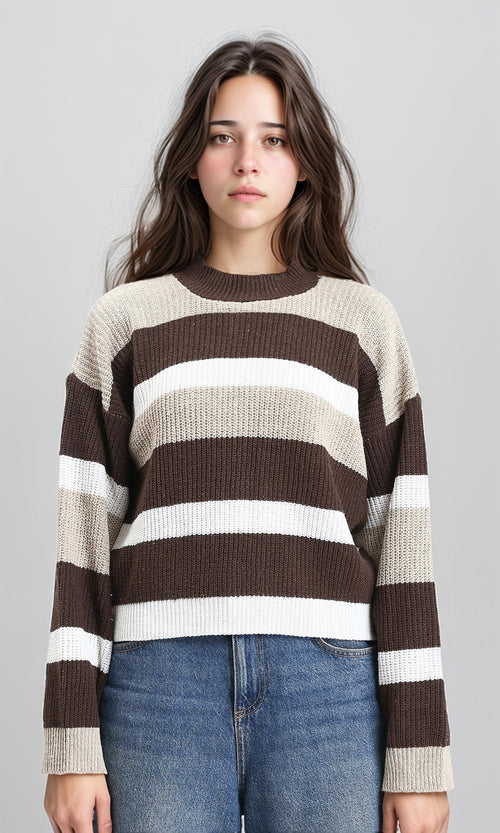 R210943 - Tri-Tone Striped Knitted Pullover - Beige, Brown & White