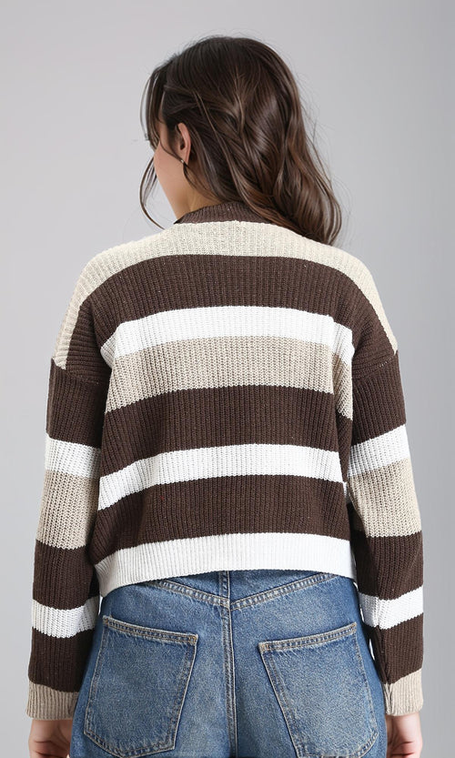 R210943 - Tri-Tone Striped Knitted Pullover - Beige, Brown & White