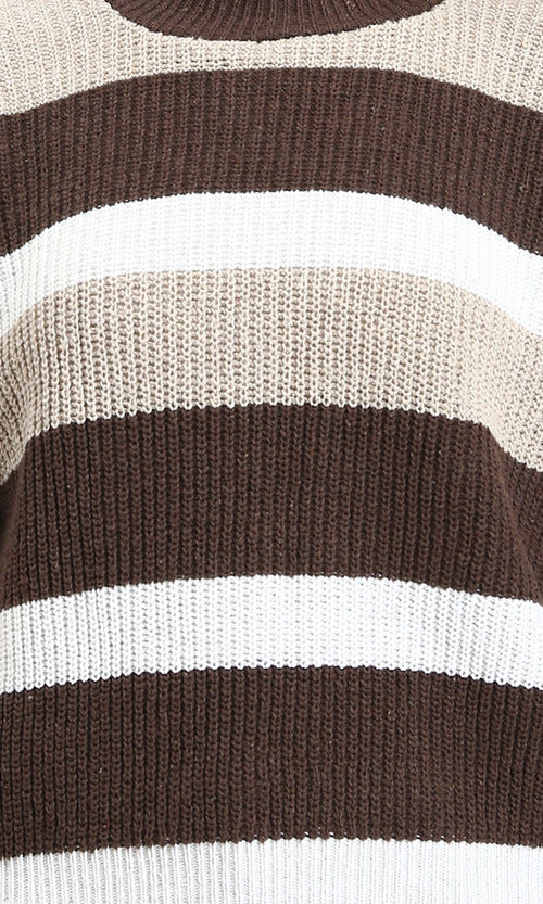 R210943 - Tri-Tone Striped Knitted Pullover - Beige, Brown & White