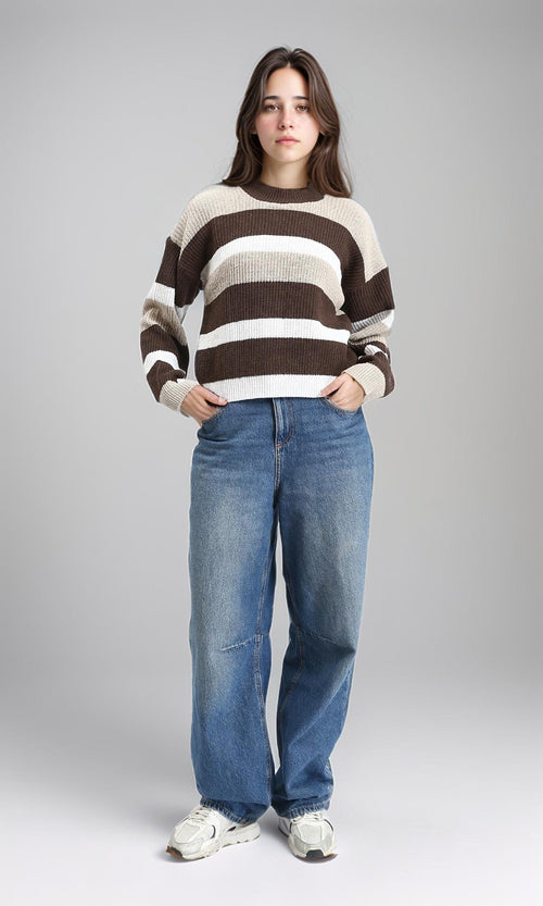 R210943 - Tri-Tone Striped Knitted Pullover - Beige, Brown & White