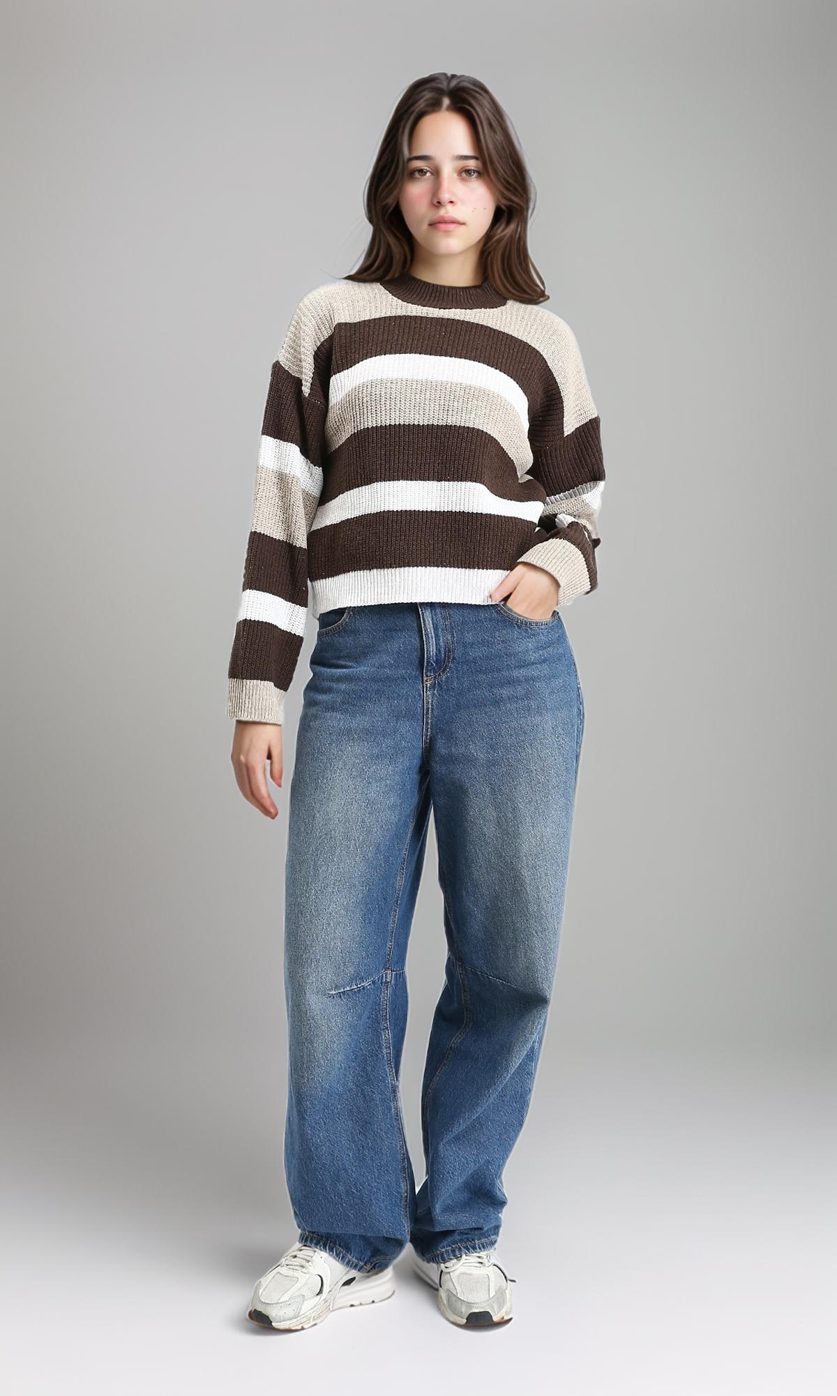R210943 - Tri-Tone Striped Knitted Pullover - Beige, Brown & White