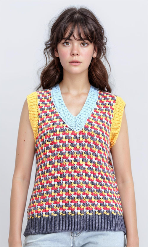 R210945 - V-Neck Slip On Colorful Knitted Vest - Red & Yellow
