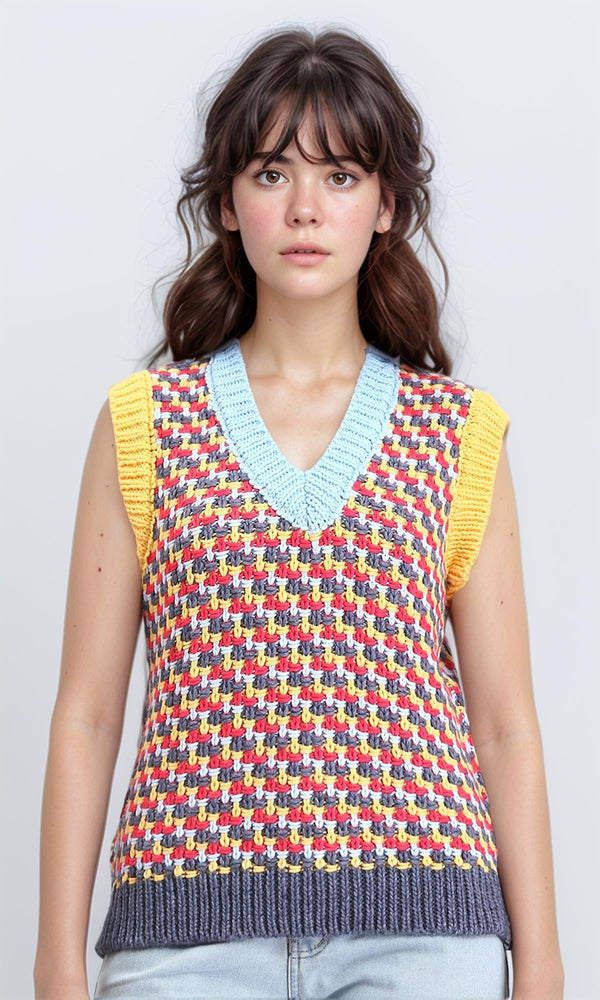 R210945 - V-Neck Slip On Colorful Knitted Vest - Red & Yellow