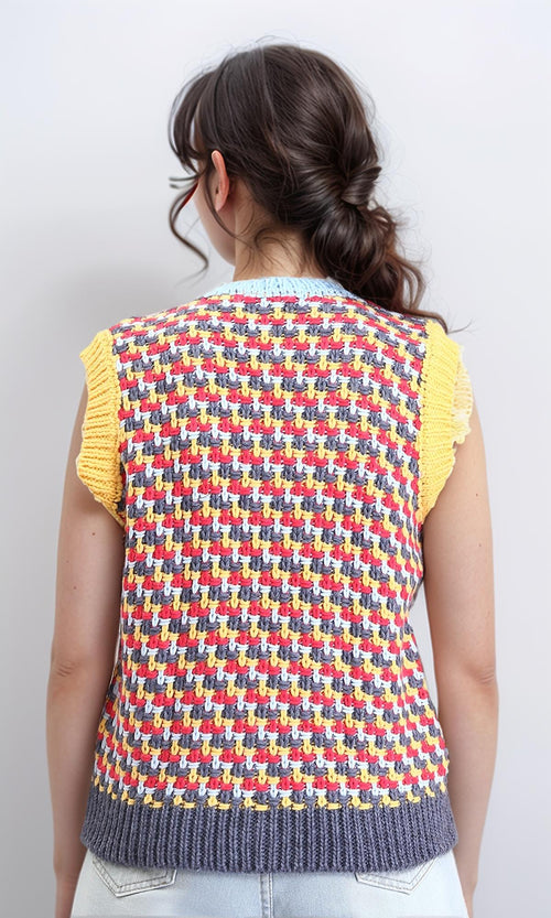 R210945 - V-Neck Slip On Colorful Knitted Vest - Red & Yellow