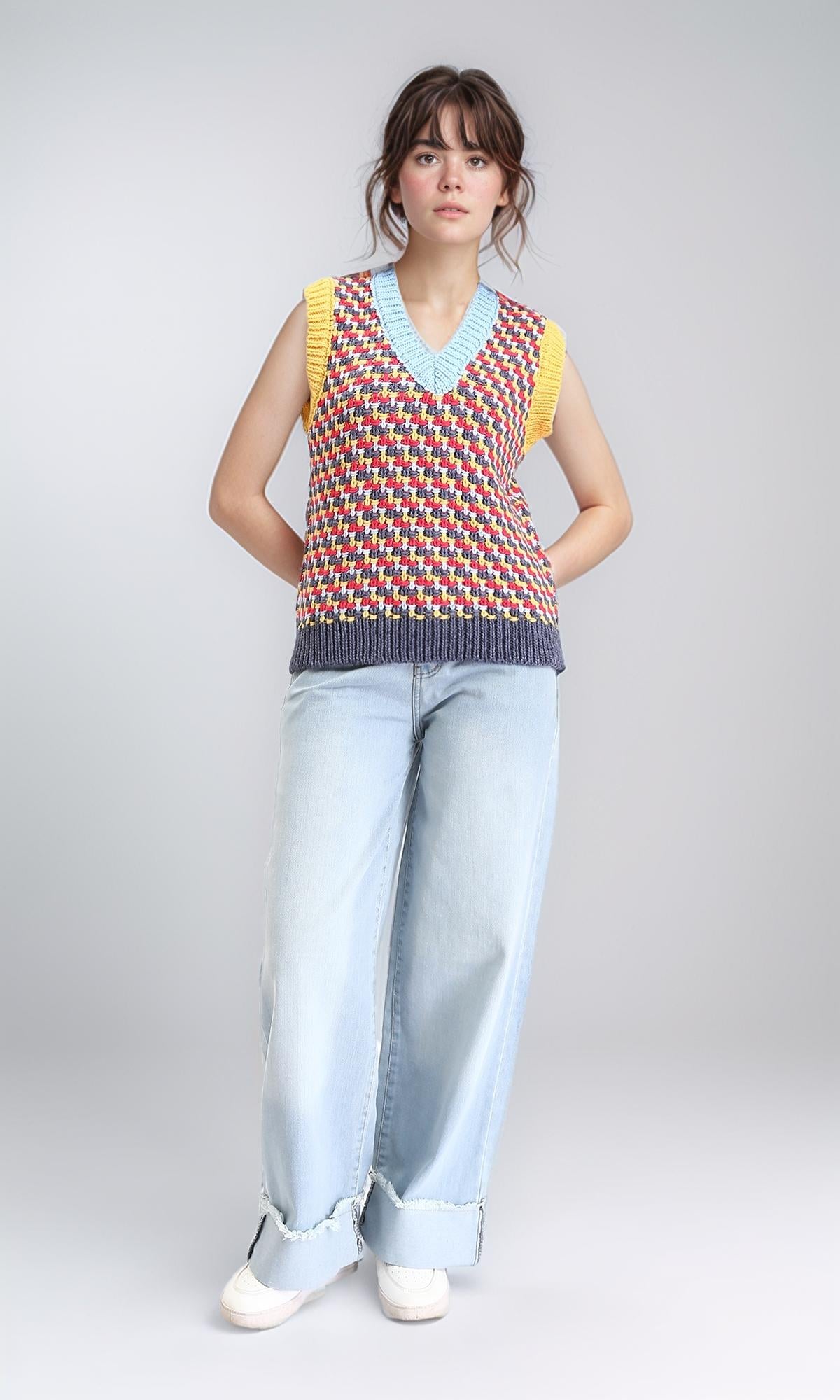 R210945 - V-Neck Slip On Colorful Knitted Vest - Red & Yellow