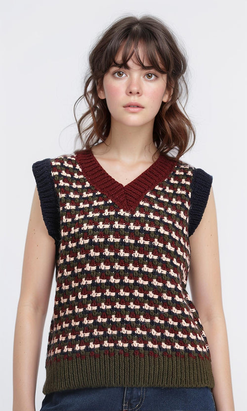 R210946 - V-Neck Slip On Colorful Knitted Vest - Burgundy & Olive