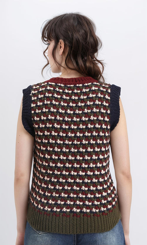 R210946 - V-Neck Slip On Colorful Knitted Vest - Burgundy & Olive