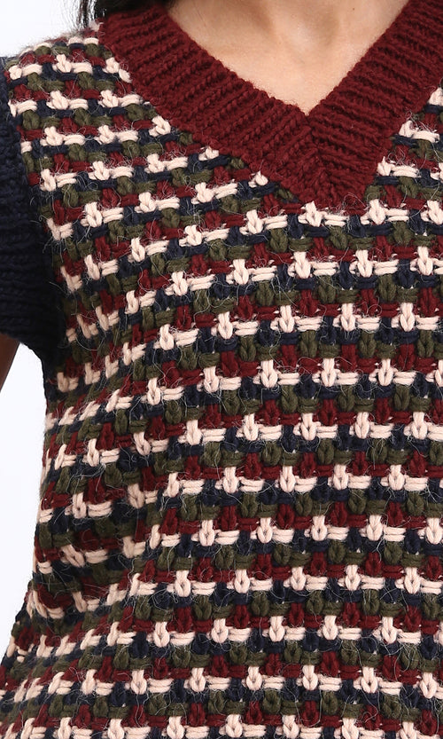 R210946 - V-Neck Slip On Colorful Knitted Vest - Burgundy & Olive